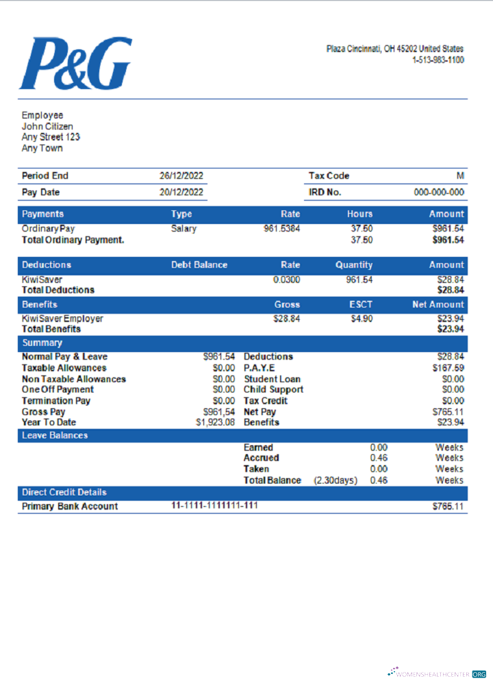 Download USA Procter & Gamble consumer products company pay stub Photoshop template